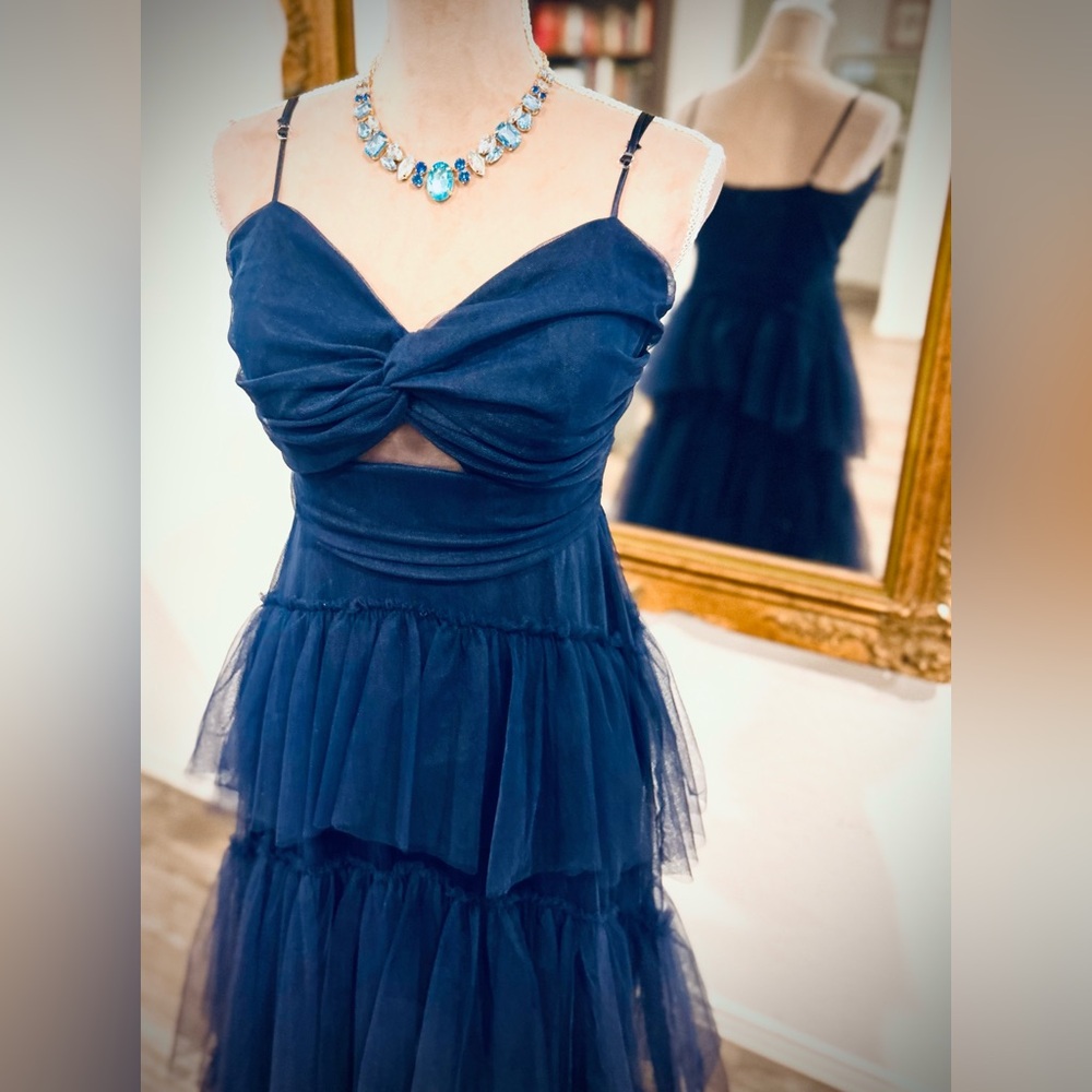 Tulle Tiered Skirt Prom Dress Blue Black Navy Evening Gown Goth Witchy Vibes - Picture 6 of 10